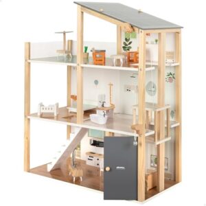WOOMAX Casa de muñecas de Madera, 3 Pisos, 60x35x73,5 cm, Incluye Muebles, Ascensor, Tejado abatible, Placas solares, Terraza con Piscina, Casita de muñeca, Juguetes niños 3 años, Sello FSC (39127)